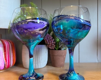 Hand Decorated Gin Glass: Blue Turquoise Purple Gold or Silver