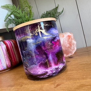 Handdekoriertes 12 15 oder 24 cm Glas Vorratsglas mit Deckel in Blau Lila Pink Gold Kupfer oder Silber Finish
