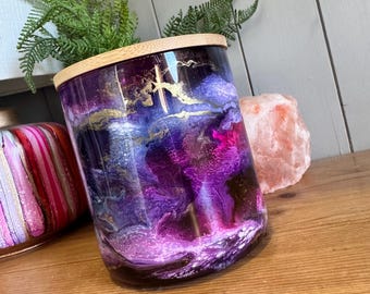 Hand Decorated 12 15 or 24cm Glass Storage Jar with lid in Blue Purple Pink Gold Copper or Silver Finish