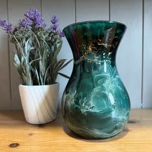 Hand decorated 18cm tall dark teal and silver or gold design glass vase, ideal gift for new Home, friend, mum, wedding, thank you