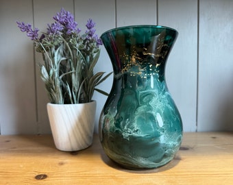 Hand decorated 18cm tall dark teal and silver or gold design glass vase, ideal gift for new Home, friend, mum, wedding, thank you