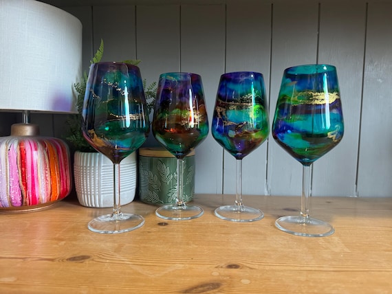 Hand Decorated Rainbow Wine Glasses: Gold Accent Stemware - Etsy