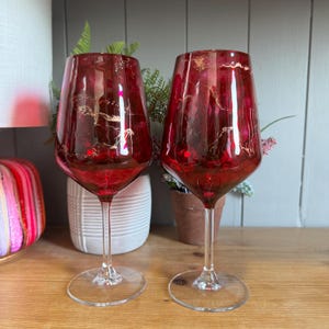 Set of 1, 2, 4 or 6 Beautiful red and gold hand decorated stemmed wine or Prosecco glasses