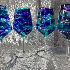 Set of 1, 2, 4 or 6 Beautiful purple teal and gold hand decorated stemmed wine or Prosecco glasses