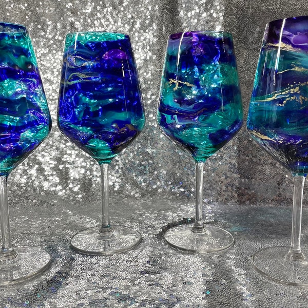 Set of 1, 2, 4 or 6 Beautiful purple teal and gold hand decorated stemmed wine or Prosecco glasses