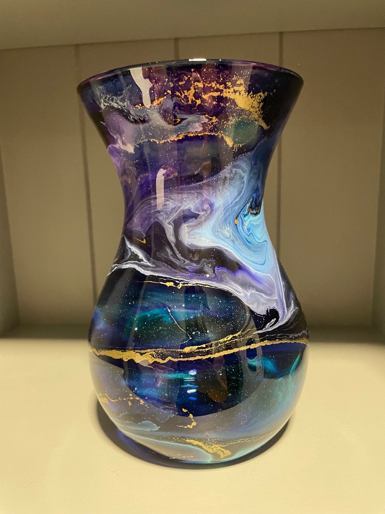 Hand decorated 18cm tall blue purple and turquoise design glass vase, ideal gift for new Home, friend, mum, wedding, thank you image 4