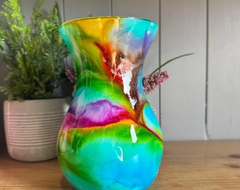 Hand Decorated 18cm Tall Vibrant Rainbow Glass Vase: Gold Copper or Silver finish