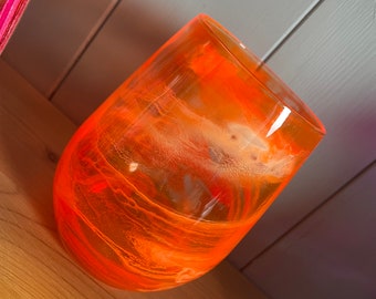 Set of 1, 2, 4, 6, 8, 10 or 12 neon coral orange and gold hand decorated stemmed stemless wine or Prosecco glasses