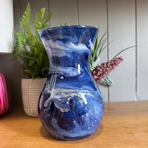 Hand decorated 18cm tall blue galaxy design glass vase, ideal gift for new Home, friend, mum, wedding, thank you