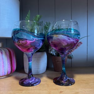 Single glass or pair of beautiful hand decorated teal pink purple and gold or silver gin glasses