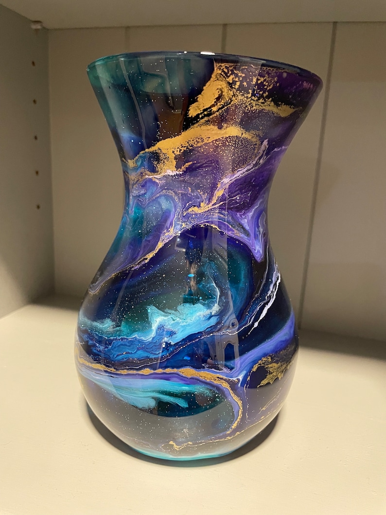 Hand decorated 18cm tall blue purple and turquoise design glass vase, ideal gift for new Home, friend, mum, wedding, thank you image 5