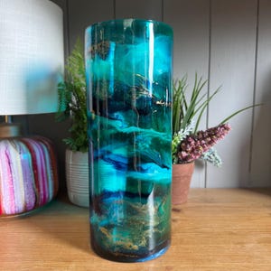 Hand decorated blue turquoise and gold or silver 25cm cylinder vase ideal gift for home, friend wedding birthday