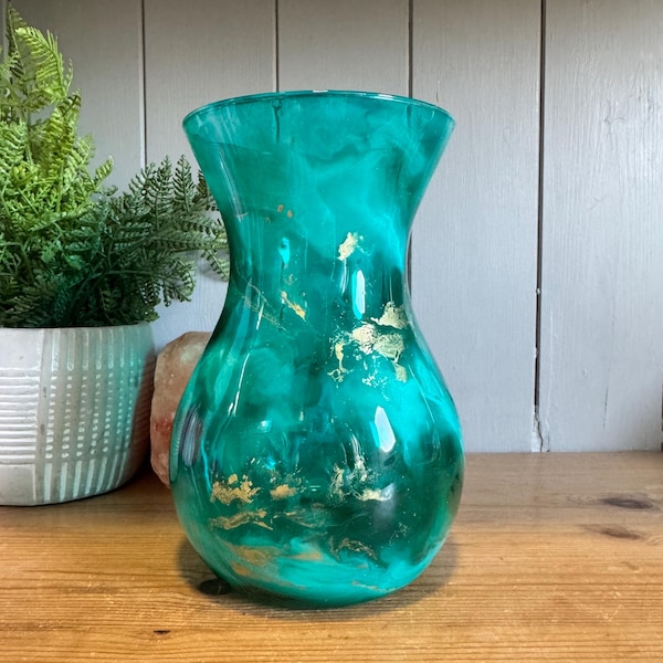 Hand dekoriert 18 cm hoch Türkis Glas Blumenstrauß Vase: Kupfer Silber oder Gold Finish