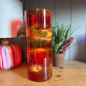 Hand Decorated Glass Vase: Red, Orange, Yellow, Gold, and Silver Design