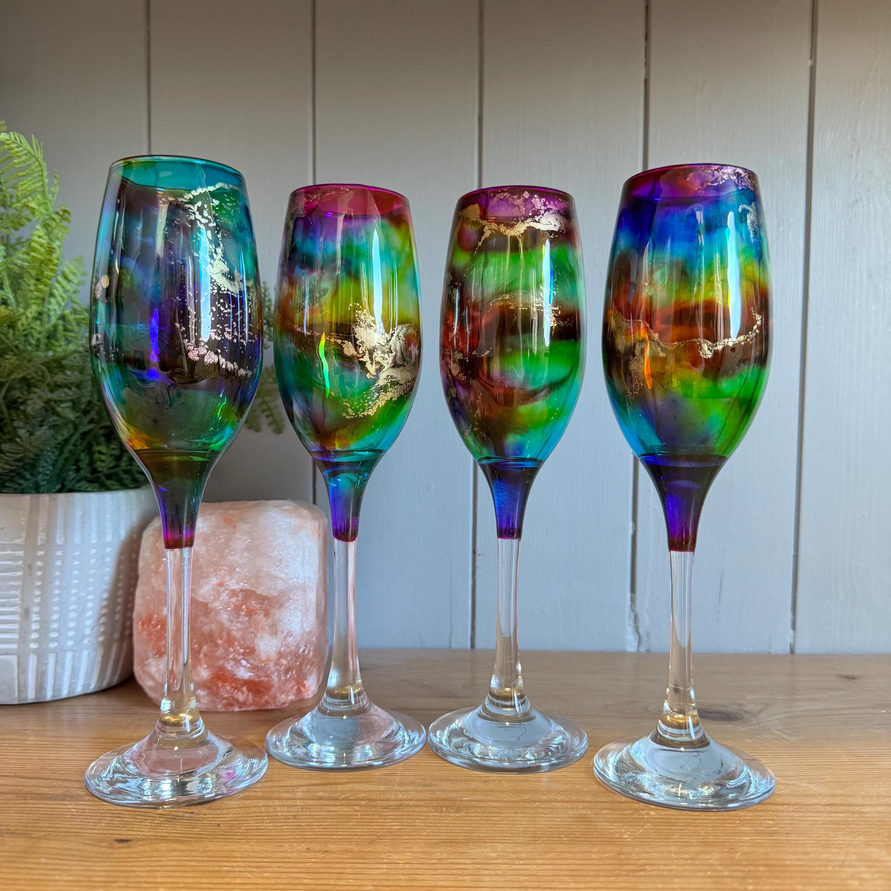 Hand Decorated Rainbow Wine Glasses: Gold Accent Stemware - Etsy