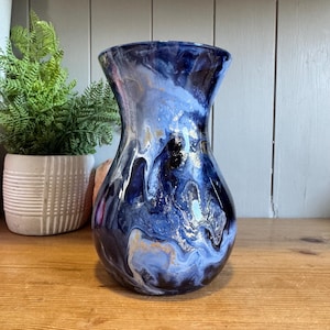 Hand Decorated 18cm Blue White and Gold Copper or Silver Finish Glass Vase