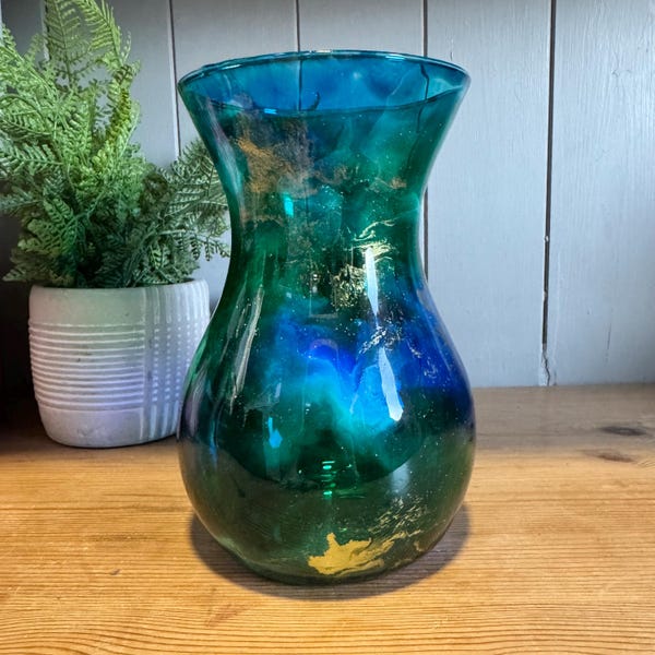 Hand Decorated 18cm Tall Glass Vase: Blue Green Design with Gold Copper or Silver Finish