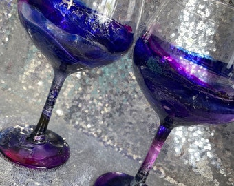 Single glass or pair of beautiful hand decorated blue, purple and silver or gold gin glasses with sparkle