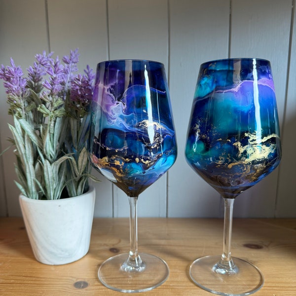 Hand Decorated Glassware choose Wine Prosecco Stemless in Blue Purple Turquoise Gold, Birthday Wedding Teacher New home gift
