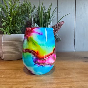Rainbow Watercolor Wine Glass: Hand Decorated Stemless Glassware