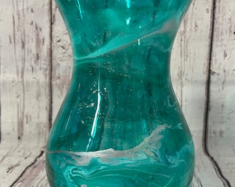Hand decorated 18cm tall turquoise and silver or gold design glass vase, ideal gift for new Home, friend, mum, wedding, thank you