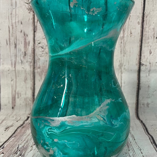 Hand decorated 18cm tall turquoise and silver or gold design glass vase, ideal gift for new Home, friend, mum, wedding, thank you