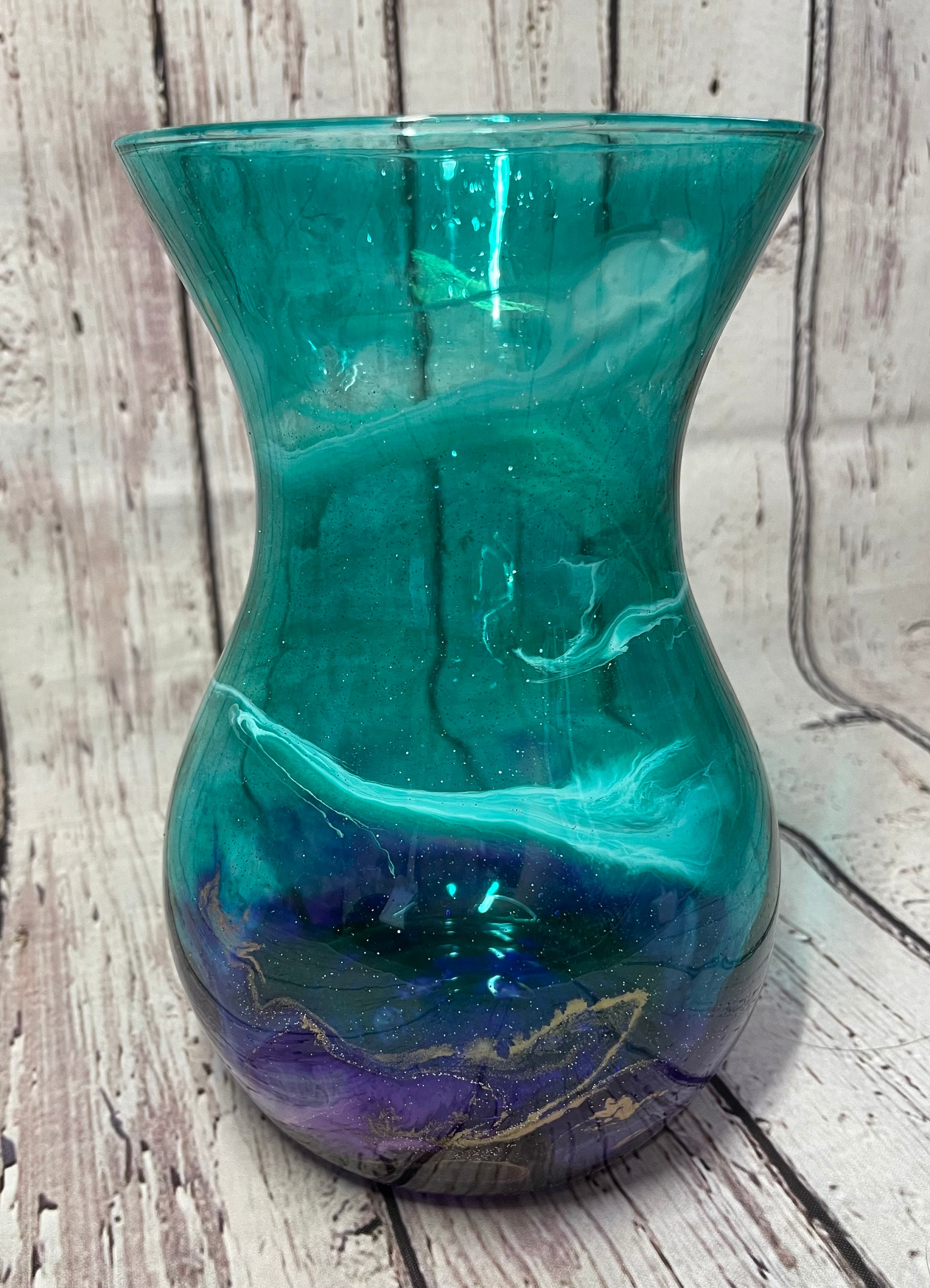Teal and Turquoise Glass Flowers With Vase 