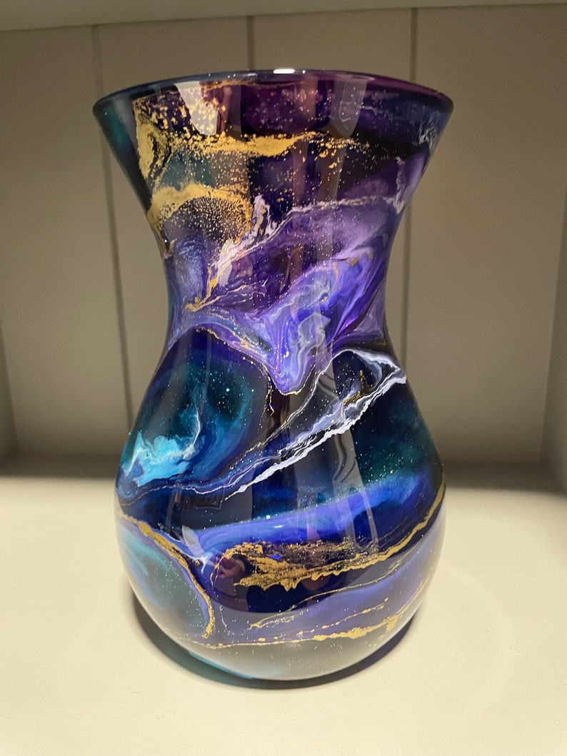 Hand decorated 18cm tall blue purple and turquoise design glass vase, ideal gift for new Home, friend, mum, wedding, thank you image 2