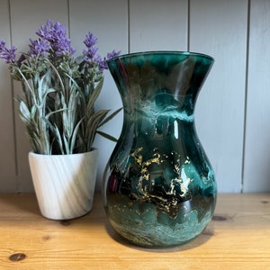 Hand Decorated 18cm Tall Teal Glass Vase: Silver Copper or Gold Finish