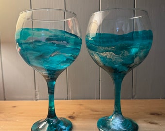 Single glass or pair of beautiful hand decorated turquoise and gold gin glasses