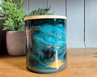 Hand Decorated 12, 15 or 24cm Teal Green Glass Storage Jar with Gold Copper or Silver Finish