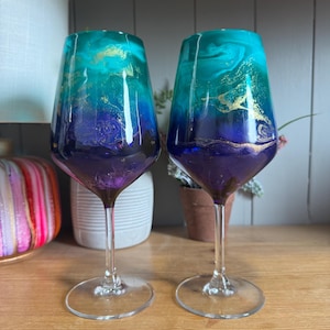 Set of 1, 2, 4 or 6 Beautiful ombré effect purple teal and gold hand decorated stemmed wine or Prosecco glasses