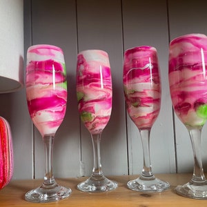 Set of 1, 2, 4 or 6 Beautiful pink and green floral-like hand decorated stemmed wine or Prosecco glasses
