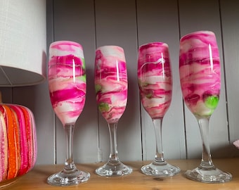 Set of 1, 2, 4 or 6 Beautiful pink and green floral-like hand decorated stemmed wine or Prosecco glasses