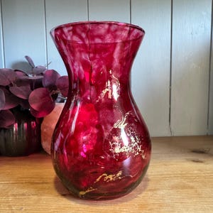Hand Decorated 18cm Tall Red Glass Vase: Gold Copper or Silver Finish