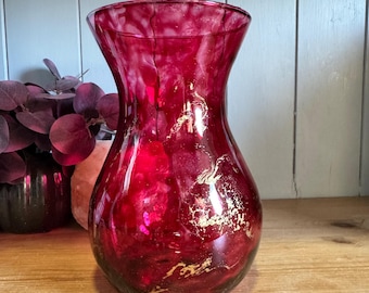 Hand Decorated 18cm Tall Red Glass Vase: Gold Copper or Silver Finish