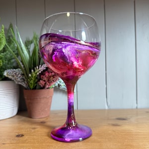 Hand Decorated Gin Glass: Pink, Purple, White & Gold/Silver