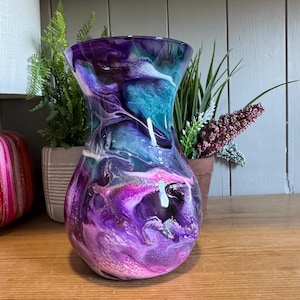 Hand decorated 18cm tall teal green purple and pink design glass vase, ideal gift for new Home, friend, mum, wedding, thank you