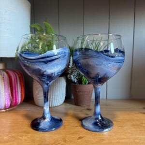 Hand Decorated Gin Glasses: Blue, White & Gold Accents