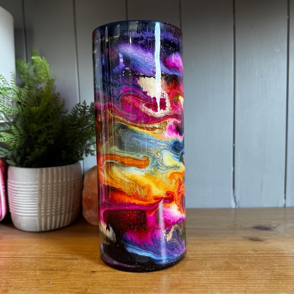 Handdekorierte Zylindervase mit Blau, Lila, Pink, Orange, Goldakzenten