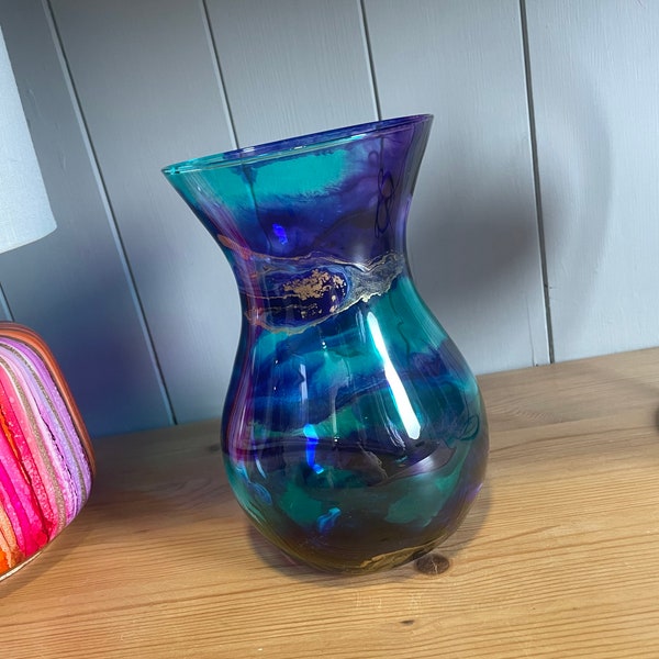 Hand decorated 18cm tall purple and teal design glass vase, ideal gift for new Home, friend, mum, wedding, thank you