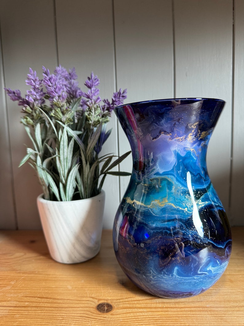 Hand decorated 18cm tall blue purple and turquoise design glass vase, ideal gift for new Home, friend, mum, wedding, thank you image 1