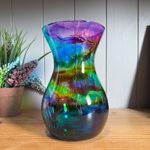 Hand decorated 18cm tall rainbow blue purple yellow green and pink design glass vase, gift for new Home, friend, mum, wedding, thank you