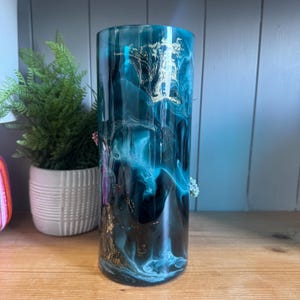 Hand decorated dark teal and gold or silver 25cm cylinder vase ideal gift for home, friend wedding birthday