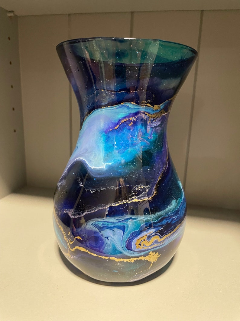 Hand decorated 18cm tall blue purple and turquoise design glass vase, ideal gift for new Home, friend, mum, wedding, thank you image 7