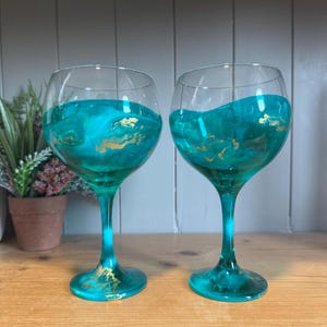 Hand Decorated Turquoise and Gold Gin Glass