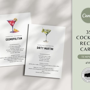 Cocktail Recipe Card Template, Editable Drink Recipe Card, Printable Recipe Card, Bar Drink Card, DIY Recipe Cards, Drink Images, Canva, 4x6