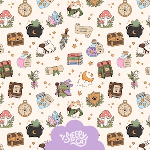 May include: A repeating pattern on a cream background featuring illustrations of cats in green cloaks, rabbits, frogs in purple hats, mushrooms, treasure chests, potions, crystals, compasses, swords, books, scrolls, and the text Sleepy Cat.