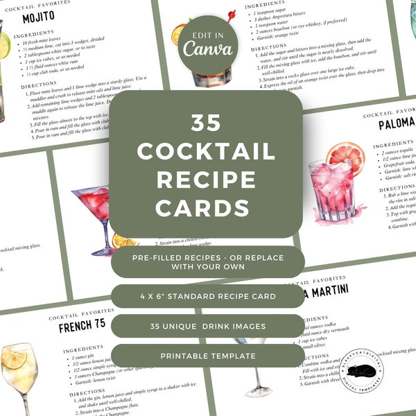 Cocktail Recipe Card Template, Editable Drink Recipe Card, Printable Recipe Card, Bar Drink Card, DIY Recipe Cards, Drink Images, Canva, 4x6