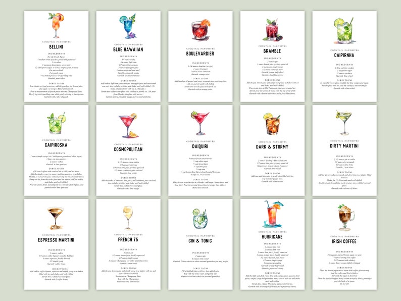 Cocktail Recipe Card Printable, Drink Recipe Card Template, Cocktail